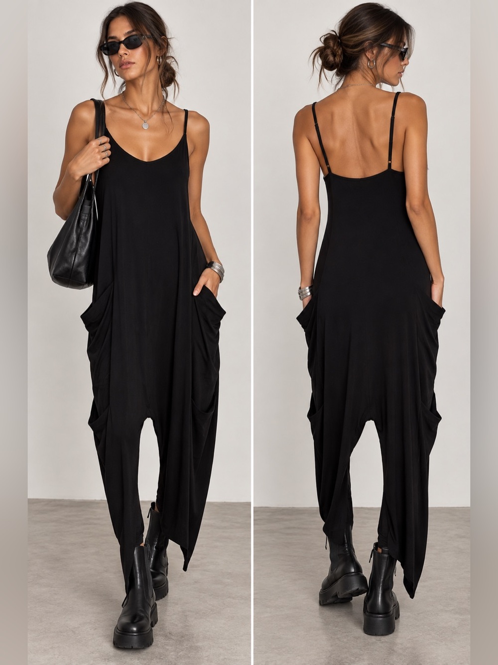 Black Draped Spaghetti-Strap Jumpsuit